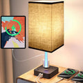 Bedside Table Lamp - Touch 3 Way Dimmable Lamp with 3 USB Charging Ports & 2 AC Outlets, Square Base Rectangular Flaxen Shade, Bedroom, Office, Dorm, Decor, LED Bulb Included (Black-Black)