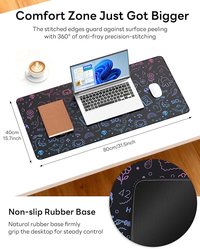XL Gaming Mouse Pad, 31.5x15.7'' Large Desk Mat with Anti-Slip Rubber Base & Stitched Edges for Gaming, Office, Home, Cute Graffiti