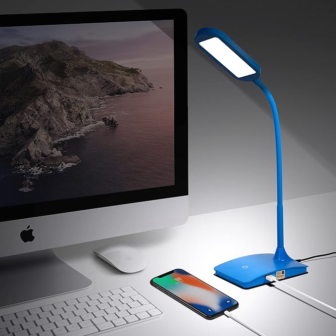 Blue Desk Lamps for Home Office - Super Bright Small Desk Lamp with USB Charging Port, a Perfect LED Desk Light as Study Lamp, Bedside Reading Lights