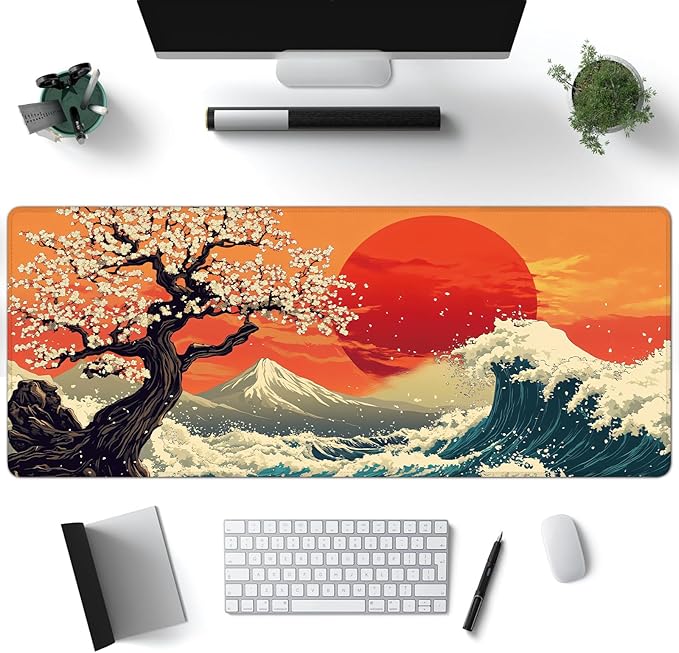 Desk Mat, Japanese Sea Wave XXL 35.4"x15.7"Large Gaming Mouse Pad, 3mm Thick Gaming Keyboard Pad,Desk Pad Non-Slip Rubber Base with Stitched Edges for Office Game Home Decor