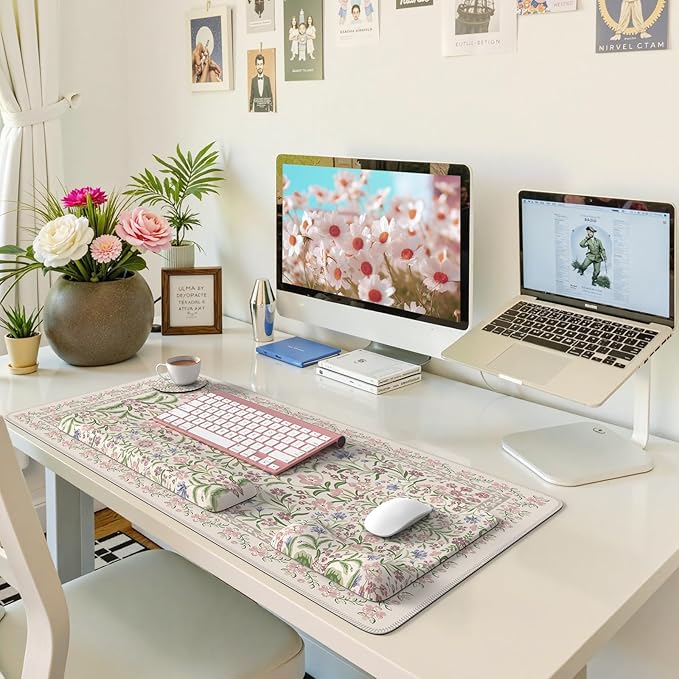 iLeadon Purple Desk Mat Set, Soft Mouse Pad Wrist Support, Anti-Fatigue Keyboard Pad with Wrist Support, Non Slip Long Floral Mouse Pad for Desktop, Teacher Desk Mat with Coaster for Office Women