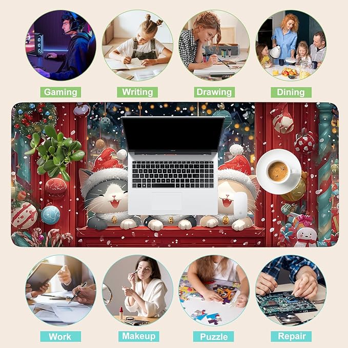 Desk Mat, XXL Extended Gaming Pad for Desktop, 35x16 Inches Cats in Santa Hats at Window, Large Non-Slip Vegan Leather Keyboard Mouse Mat for Home Office