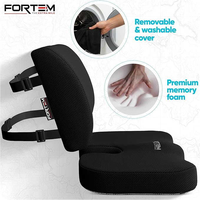 FORTEM Seat Cushion, Office Chair Cushion, Lumbar Support Pillow for Office Chair, Memory Foam Ergonomic Coccyx & Lumbar Support, Car Sitting Pad, Washable Non-Slip, XL