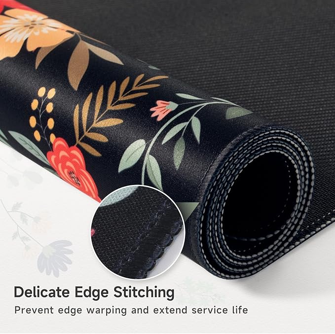 HAOCOO Floral Desk Pad for Keyboard and Mouse, Large Mouse Pad for Desk, Non-Slip Keyboard Mat, Computer Mats for Desk, Desk Pad with Stitched Edges for Office, Gaming(Black)