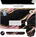 Britimes Pink Black Gold Marble Keyboard Mouse Pad Set 4in1 Large Mousepad+Keyboard Wrist Rest+Mouse Wrist Rest+Coaster Ergonomic Design for Home Office Computer 35.4x15.7 inches
