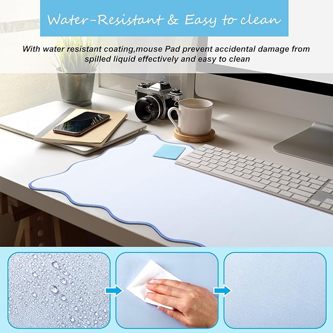 Scalloped Desk Mat Large Scalloped Piping Cute Desk Mat Aesthetic Preppy Table Pad Large Nonslip Pad with Edge Stitching Waterproof Gaming(Blue,36 x 17 Inches)
