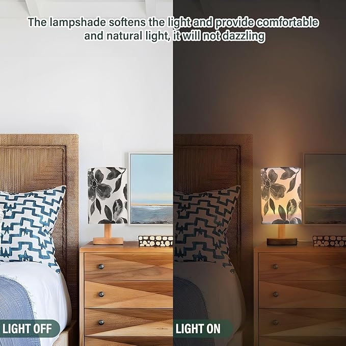 Black Floral LED Table Lamp, Bedside Lamp with Linen Lampshade, Flicker-Free Eye Care USB Plug in Nightstand Lamp, for Bedroom and Office