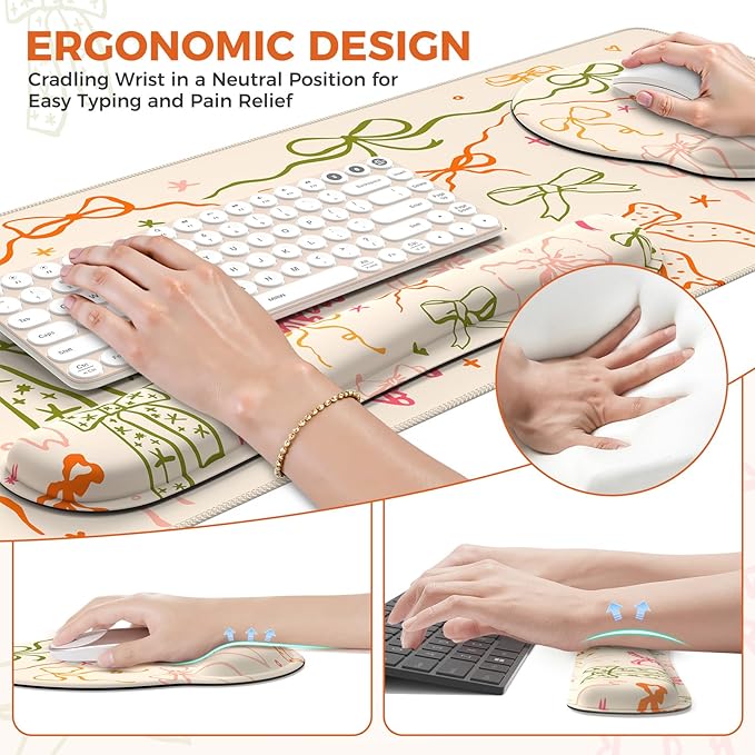 iCasso Desk Pad Mat, Large Mouse Pad and Keyboard Wrist Rest Set, Desk Protector Mat, 4in1 Ergonomic Keyboard Pad with Wrist Support for Desktop Home Office Computer (Colorful Ribbon)