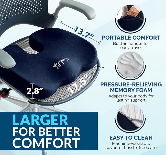 ComfiLife Gel Enhanced Seat Cushion – Office Chair Cushion – Non-Slip Gel & Memory Foam Coccyx Cushion for Tailbone Support - Desk Chair Car Seat Cushion Driving - Sciatica & Back Comfort (Navy)