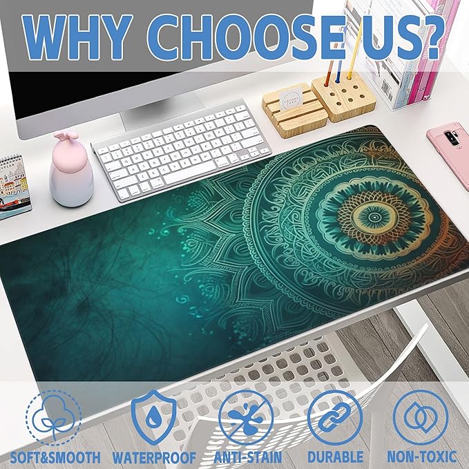 Large Gaming Mouse Pad for Desk,Retro Mandala Flower Desk Mat for Desktop,Mandala Floral Desk Pad, Extended Big Computer Keyboard Mouse Pad with Non-Slip Base and Stitched Edge 35.4"x15.7"