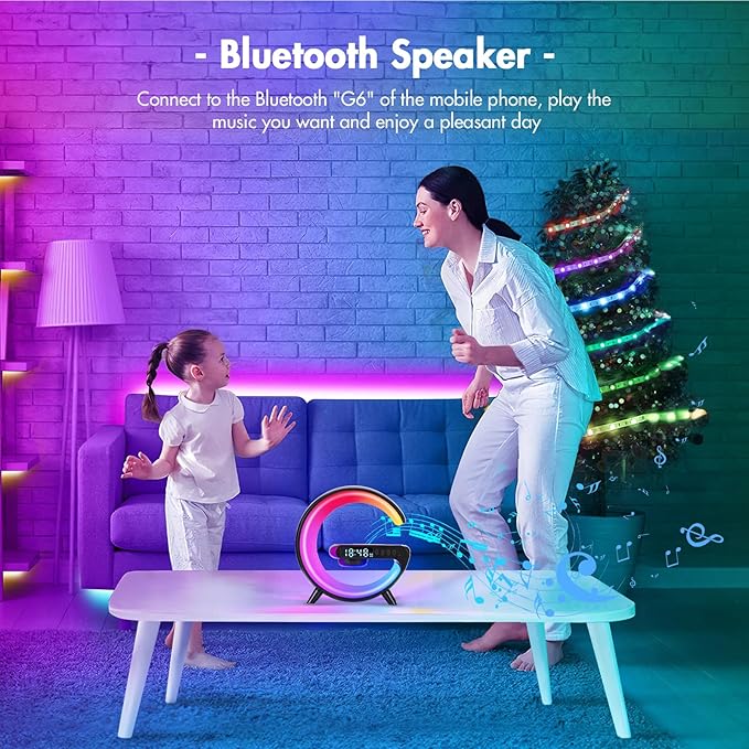 DEECOZY Mini Wireless Charger Atmosphere Lamp, Bluetooth Speaker LED Table Lamp, 10 Lights Mode Dimmable Night Light Bedside Lamp Alarm Clock with Music for Christmas Birthday Valentines Day Gifts