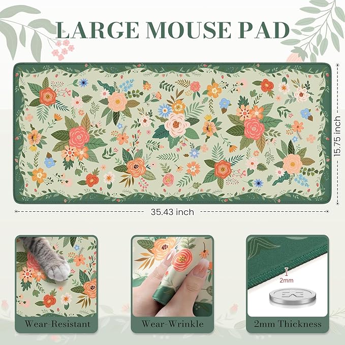 iCasso Floral Desk Mat for Keyboard and Mouse,Cute Gaming Mouse Pad XXL,Anti-Slip Desk Matt for Desktop,Soft Lycra Surface Computer Mat Women,Girly Big Mousepad for Home Office (Green Floral)