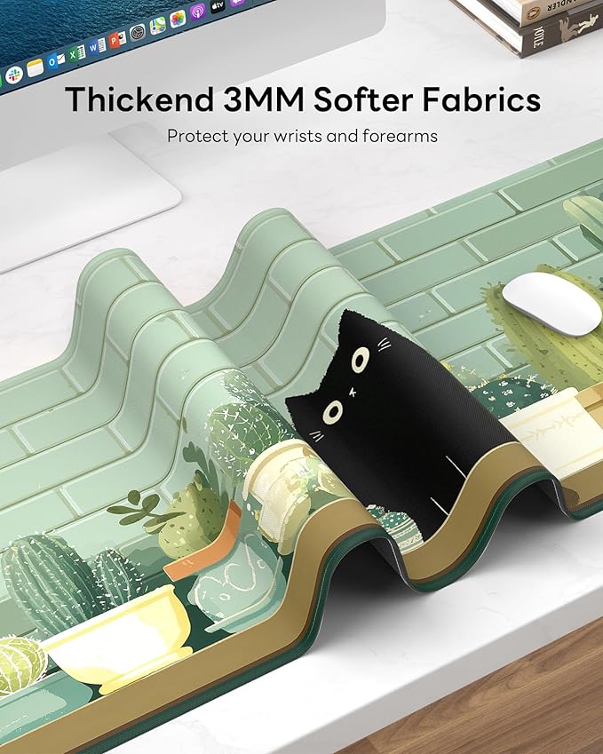 Cute Cat Mouse Pad, 31.5 x 11.8 Large Desk Mat with Stitched Edges & Non-Slip Base, Mousepad for Office, Home, Work