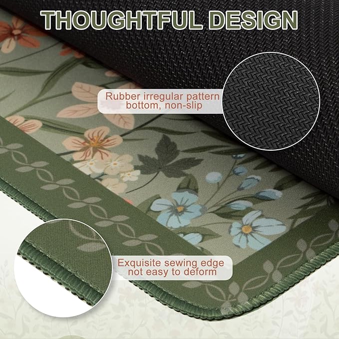 iCasso Desk Mat for Keyboard and Mouse,Large Keyboard Mat Non-Slip,Cute Desk Pad with Stitched Edges,Floral Mousepad for Women,Girly Computer Mat for Home Office Gaming(Sage Green)