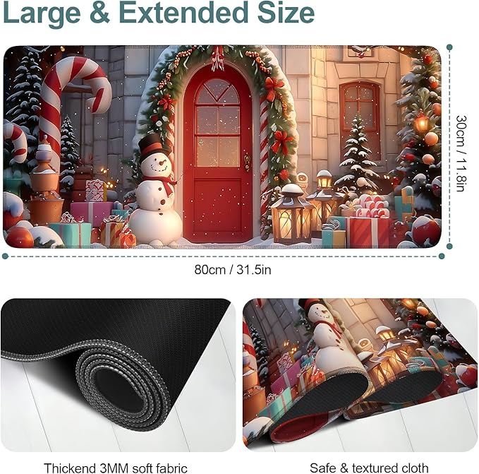 Christmas Scene Extended Gaming Mouse Pad 31.5x11.8inches Large Desk Mat Anti-Slip Rubber Base & Durable Stitched Edges for Gamers Smooth Mouse Writing Surface for Desk Office/Home