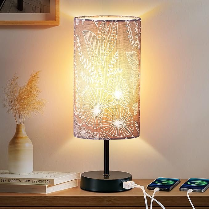 Touch Control Bedside Lamp with 2 USB Ports, 3-Way Dimmable Table lamp for Bedroom, Nightstand Lamp with Round Grey Fabric Shade for Living Room Home Office (E26 LED Bulb Included)
