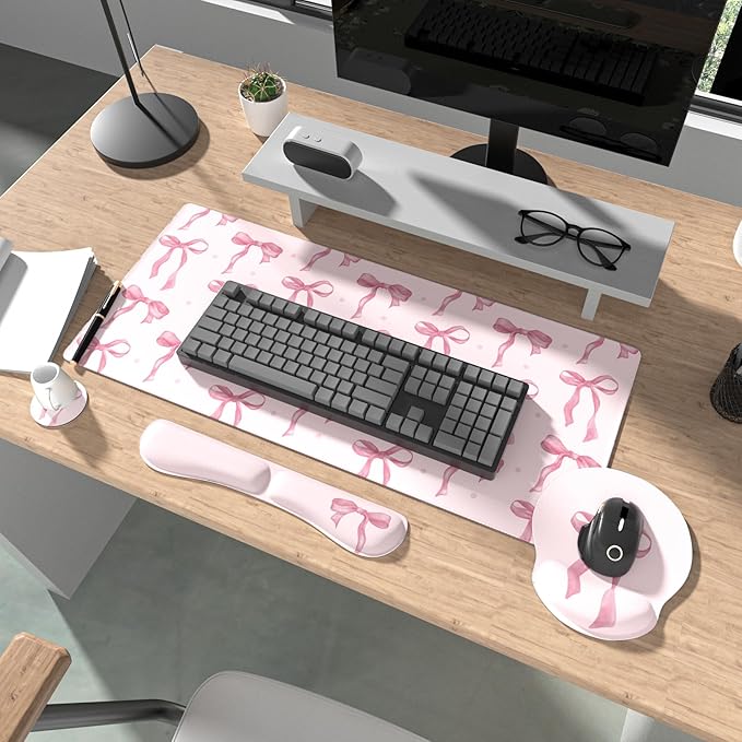 Ovenbird Mouse Pad Set 4-in-1 | Large Gaming Mousepad, Keyboard Wrist Rest, Mouse Wrist Support, Coaster | Ergonomic Office Desk Mat Accessories for Women Men | 4PCS, 35.4 x 15.7in, Pink Bow