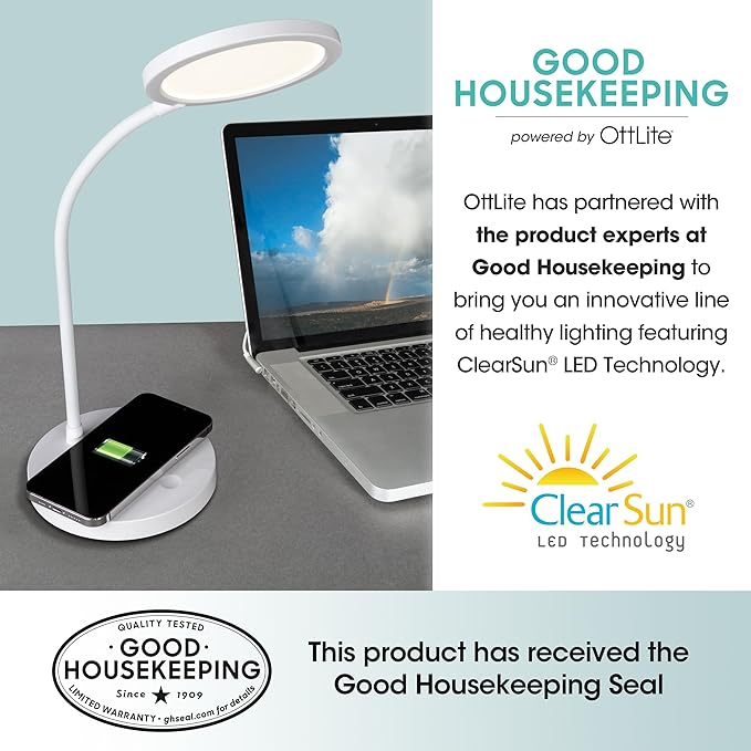 OttLite Good Housekeeping Circular LED Desk Lamp with Wireless Charging - Adjustable Neck Desk Lamp for College Dorm Room, Crafting, Reading, 3 Color Modes, Eye-Friendly Lighting