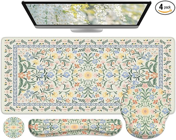 iCasso Green Desk Pad Mat, Large Mouse Pad and Keyboard Wrist Rest Set, Desk Protector Mat, 4in1 Ergonomic Keyboard Pad with Wrist Support for Desktop Home Office Computer Cover