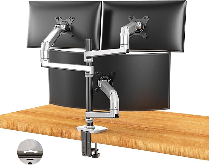Heavy Duty Triple Monitor Mount, Mechanical Spring 3 Monitor Arm for Ultrawide & Curved Screens, Fits Three 13-40 Inch Displays up to 25 lbs Per Arm, Premium Aluminum VESA Stand, Silver