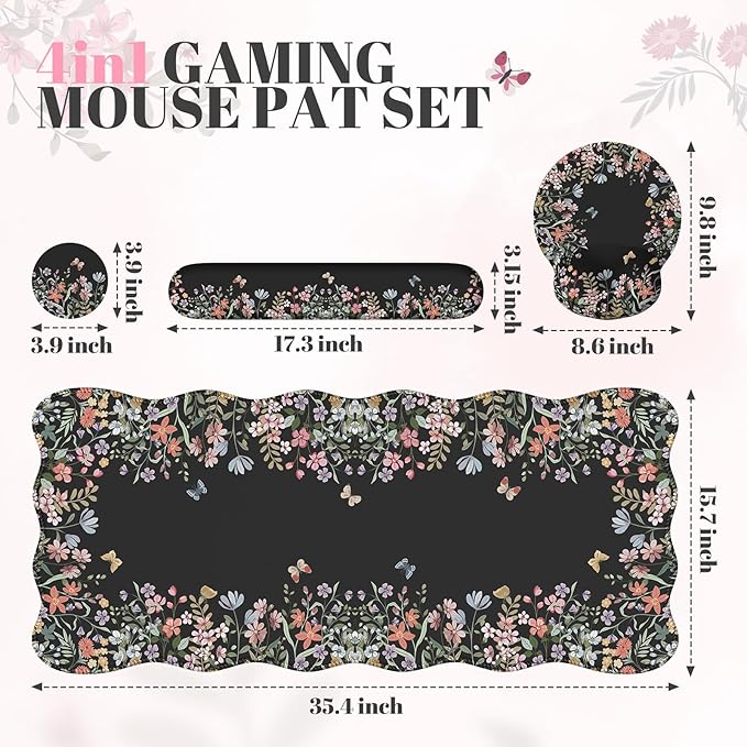iCasso Desk Mat Set,Large Mouse Pad with Wrist Rest,Ergonomic Keyboard Wrist Support for Women,Girly Floral Computer Mat with Scalloped Edges,Non-Slip Desk Pad Home Office Gaming (Black)