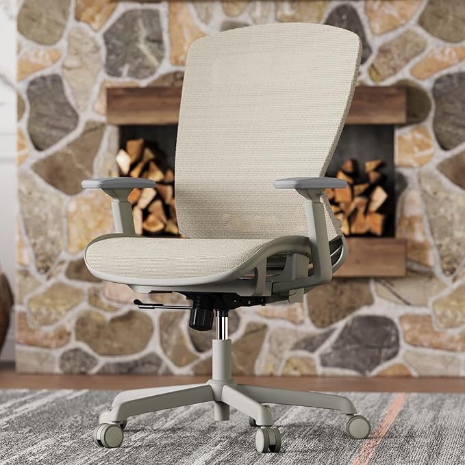 ELABEST Mesh Office Chair,Ergonomic Computer Desk Chair,Sturdy Task Chair- Adjustable Lumbar Support & Armrests,Tilt Function,Comfort Wide Seat,Swivel Home Office Chair (Beige)