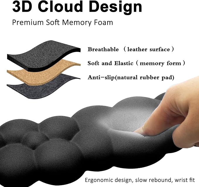 Cloud Keyboard and Mouse Wrist Rest Pad for Computer Arm- Ergonomic Wrist Support Mousepad with Non-Slip PU Base for Office, Gaming, and Home Use Anti-Fatigue(Black)