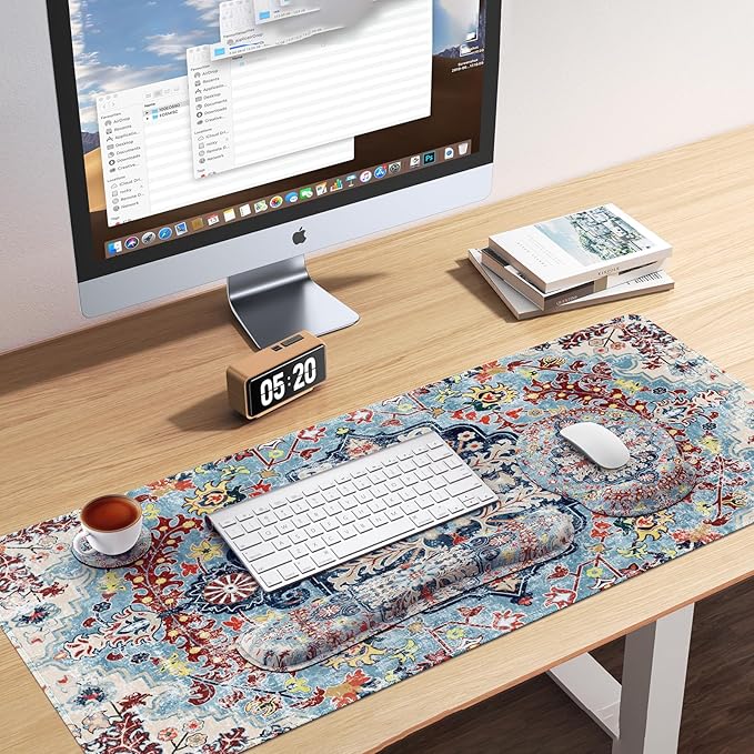 iLeadon Ergonomic Mouse Pad Set, Boho Desk Mat + Mouse Pad with Wrist Rest + Keyboard Wrist Rest + Coaster, 4in1 Mouse and Keyboard Pad Set for Home Office, Boho Rug Blue