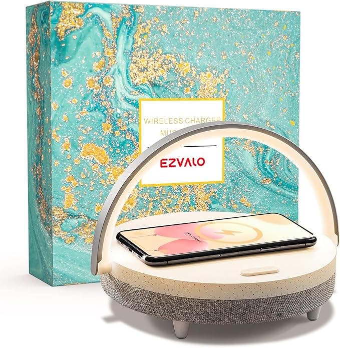 EZVALO Gifts for Women, 4-in-1 Bedside Lamp with Dimmable Night Light, Bluetooth Speaker, Charging Station and Phone Holder, Birthday Gifts for Mom, Teens, Families and Friends