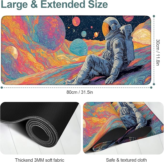 Astronaut Extended Gaming Mouse Pad 31.5x11.8inches Large Desk Mat Anti-Slip Rubber Base & Durable Stitched Edges for Gamers Smooth Mouse Writing Surface for Desk Office/Home