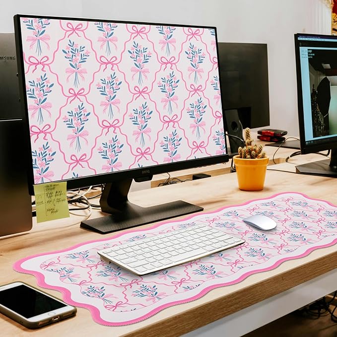 L-SPOUTTO Pink Mouse Pad,Cute Desk Mat XXL Large Scalloped Gaming Mousepad,35.4x15.7in Non-Slip Rubber Base Keyboard Pad Waterproof Girly Desktop Mat for Laptop Computer Game Home Office-Flower Bow