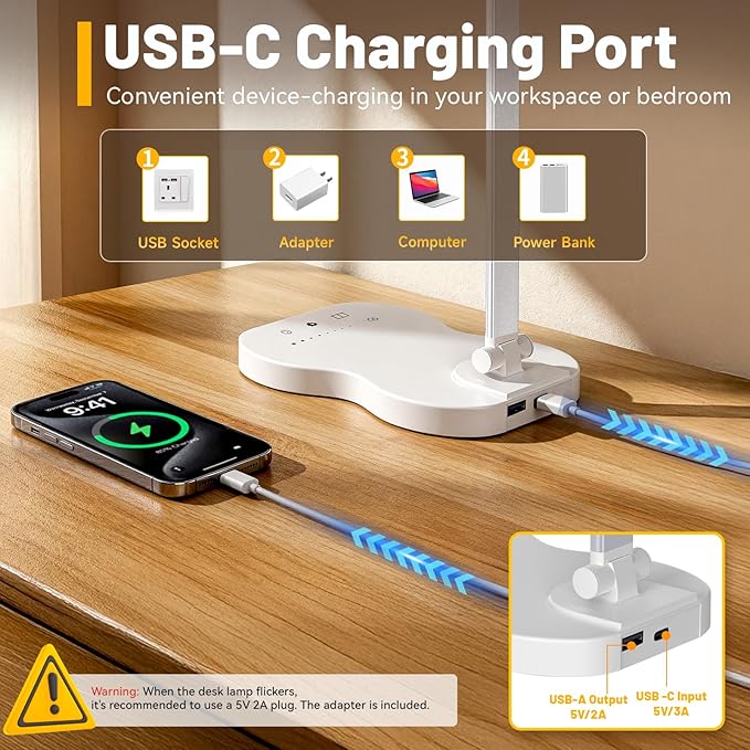 LED Desk Lamp with USB Charging Port, 5 Color Modes 10 Brightness, Dual Swing Arm Dimmable Desk Lamps for Home Office Nail Dorm (White)