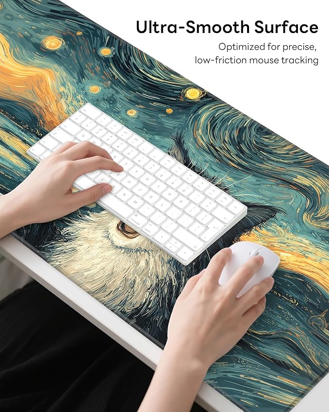 XL Gaming Mouse Pad, 31.5x15.7'' Large Desk Mat with Anti-Slip Rubber Base & Stitched Edges for Gaming, Office, Home, Shocked Cat
