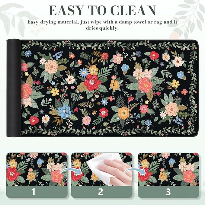 iCasso Floral Desk Mat for Keyboard and Mouse,Cute Gaming Mouse Pad XXL,Anti-Slip Desk Matt for Desktop,Soft Lycra Surface Computer Mat Women,Girly Big Mousepad for Home Office (Black Floral)