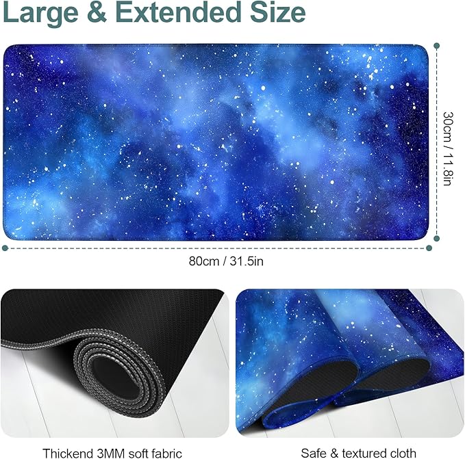 Starry Sky Extended Gaming Mouse Pad 31.5x11.8inches Large Desk Mat Anti-Slip Rubber Base & Durable Stitched Edges for Gamers Smooth Mouse Writing Surface for Desk Office/Home