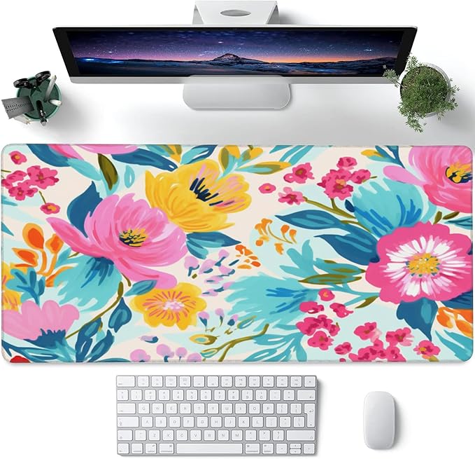 XXL Mouse Pad,Watercolor Floral Large Gaming Mouse Pad,Pink Rose Flowers Desk Mat for Desktop,Extended Big Computer Keyboard Desk Pad with Non-Slip Base and Stitched Edge 35.4"x15.7"