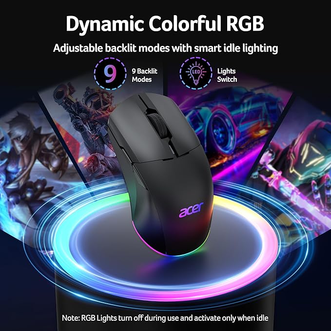 acer Wireless Gaming Mouse for Laptop, 24,000 DPI Wired Computer Mouse with 8 Programmable Buttons, Left & Right Hand, Rechargable Gaming Mice, Long Battery Life, RGB Lighting Gamer for PC, Desktop