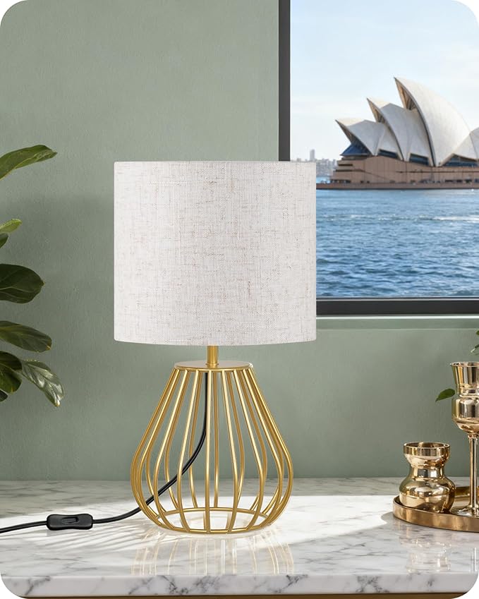 Gold Table Lamp, 12.6'' Small Table Lamp with Beige Linen Lampshade & Gold Cage Base, Modern Little Cute Desk Lamp, Bedside Lamp for Bedroom, Living Room, 2700K LED Bulb Included, DE06TL05