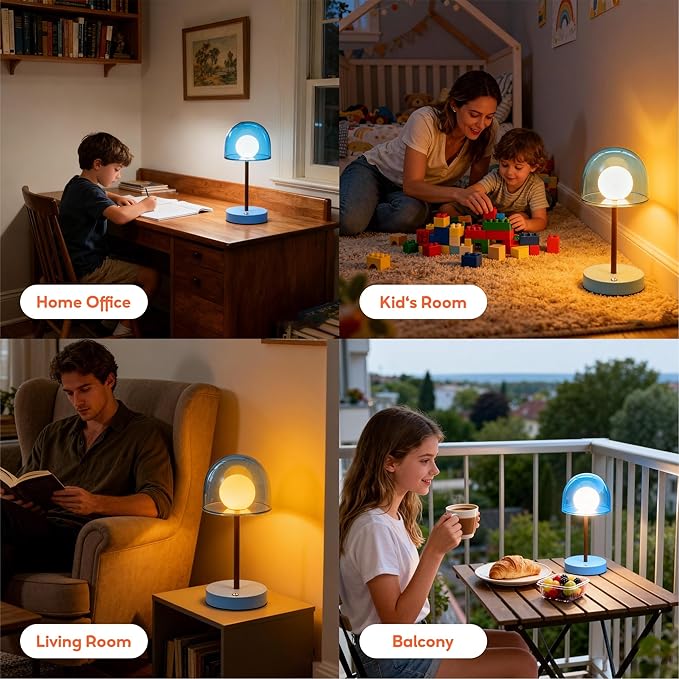 Small Lamp Battery Operated, Bathroom Shower Lamp IP44, Cordless Blue Light Desk Dimmable, Rechargeable Lamp Mushroom, Boy Cool Desk Lamp for Nightstand Nursery, 7.7" W x 10.6" H (Sky Blue)