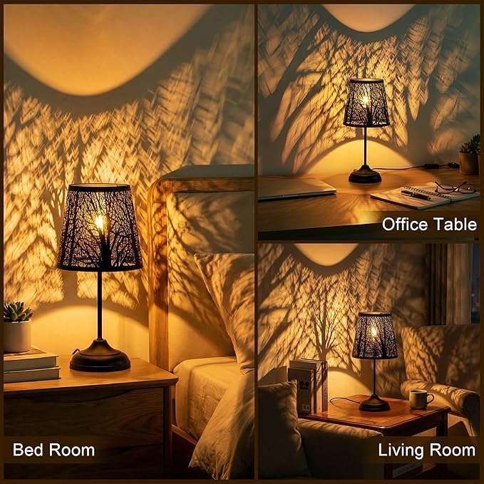 Touch Control Table Lamp, Black Metal Tree Pattern Shadow Lamp Lights Mini Lamps with dimmable 3-Levels Brightness Vintage Accent Decor Lamp Indoor Mood Lighting Bedroom Living Room (Black)