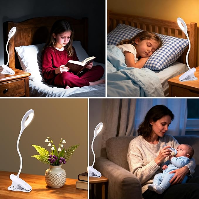 Desk Lamp LED Clip on Light, 5 Modes 5 Brightness Dimmable Clamp Lamp, Flexible Rechargeable Battery Clip on Reading Light for Bed Headboard Bunk Bed at Night for Kids (White)