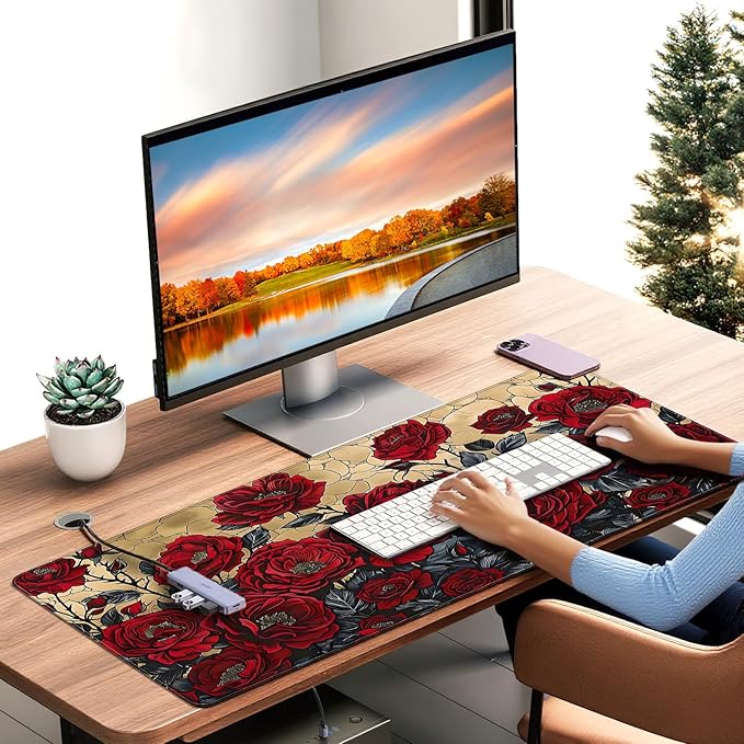 XXL Large Gaming Mouse Pad, 35.4 x 15.7 inches, with Non Slip Rubber Base, Extended Keyboard Pad for Home Computer Office Workstations, Large Laptop Mouse Pads Red Roses