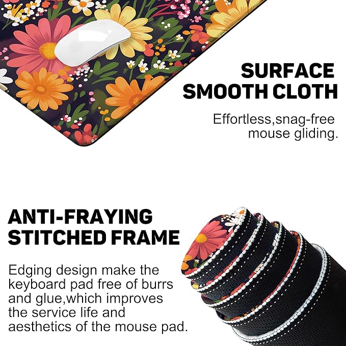 Large Mouse Pad 35.4x15.7 Inch Black Cat in Flowers Gaming Desk Mat with Non-Slip Rubber Base, Stitched Edges for Gaming,Office