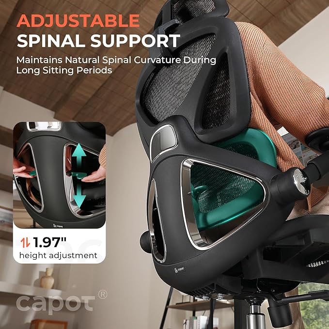 CAPOT Ergonomic Mesh Office Chair, Adjustable Lumbar High Back Desk Chair 400lbs, 4D Flip-up Arms, 3-Level Tilt Backrest, 3D Headrest, PU Wheels, Swivel Rolling Computer Seating for Long Desk Work