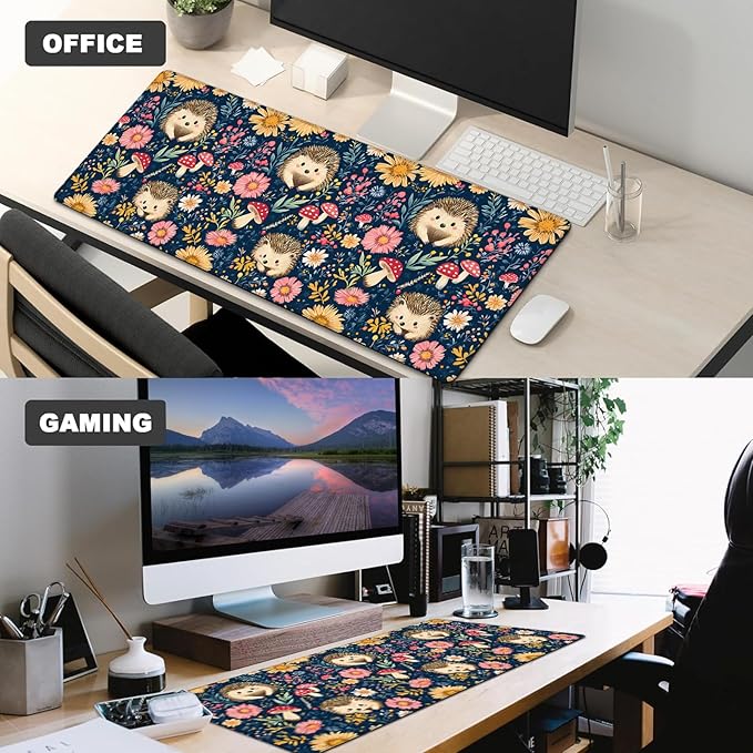 Hedgehog Gaming Mouse Pad,12x31.5in Non-Slip Rubber Cute Floral and Mushroom Desk Mat,Large Extended Rustic Animal Mousepad for Office Home Laptop,Mice Pads Gifts,Game Lover Deskmat Decor