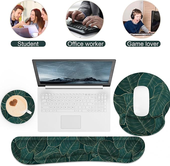 Ergonomic Mouse Pad with Wrist Rest and Keyboard Wrist Rest, Mousepad and Wrist Rest for Computer Keyboard, Non-Slip Base, Mouse Pad Wrist Support for Gaming, Office, Green Palm Leaf