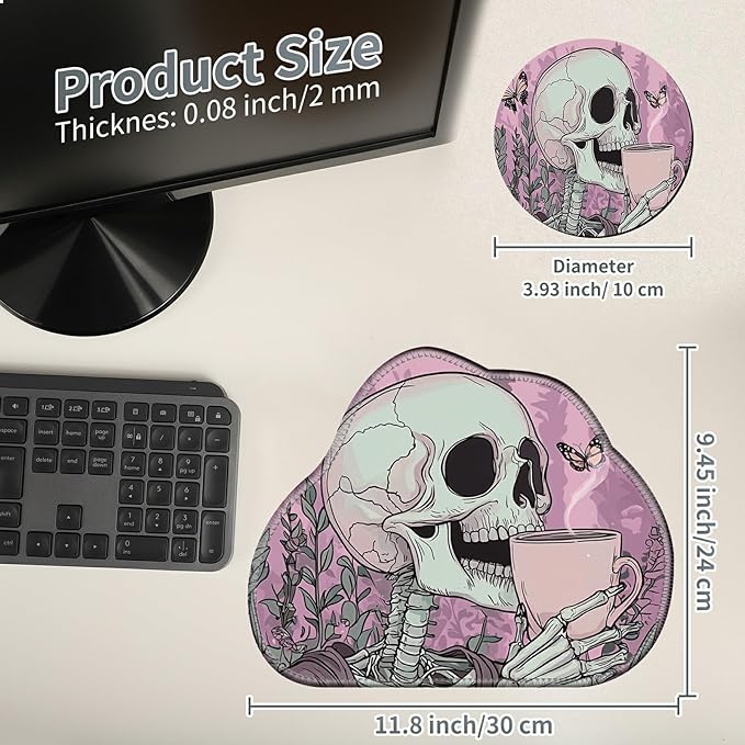 Cute Mouse Pad Plus 1 Coaster, Small Gaming Mouse Mat 11.8 x 9.45 inches, Travel Mouse Pads with Durable Stitched Edges Non-Slip Base, Skull Coffee Pink Decor Mousepad for Office Home