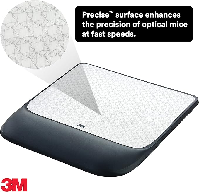 3M Precise Mouse Pad with Gel Wrist Rest, Soothing 3M Gel Technology and Satin Smooth Cover for All Day Comfort, Optical Mouse Performance and Battery Saving Design (MW85B), Extended, Black