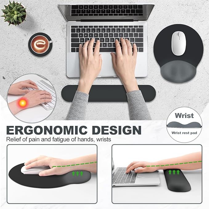 AIMSA Mouse Pad with Wrist Rest Support, Keyboard Wrist Rest Set, Ergonomic Memory Foam Mousepad for Computer Keyboard, Easy Typing and Pain Relief, Black Gray