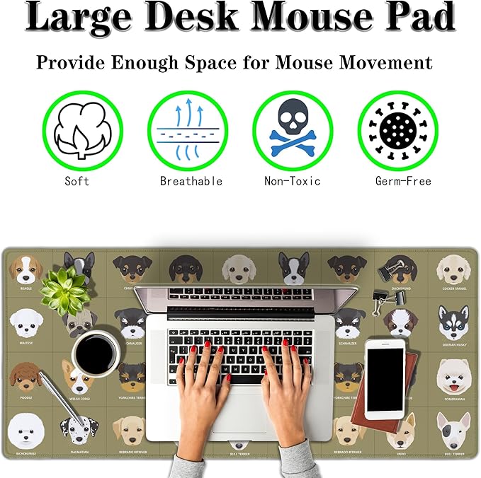 Gaming Mat Cartoon Puppy Dogs Cute Desk Mat, Large Desk Pads Keyboard Mouse Pad, Computer Desk Mat Non-Slip Rubber Base Waterproof with Stitched Edges, 35.4" X 15.7" for Work/Game/Office/Home